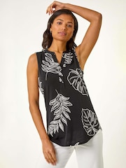 Roman Black Textured Leaf Print Vest Top - Image 4 of 5