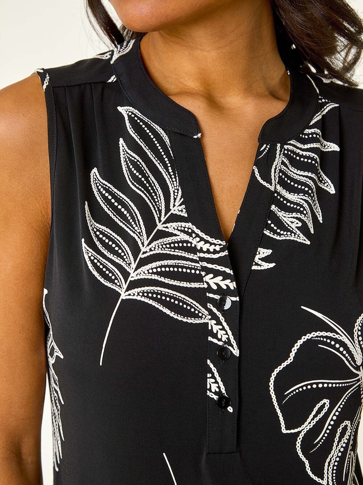 Roman Black Textured Leaf Print Vest Top - Image 5 of 5