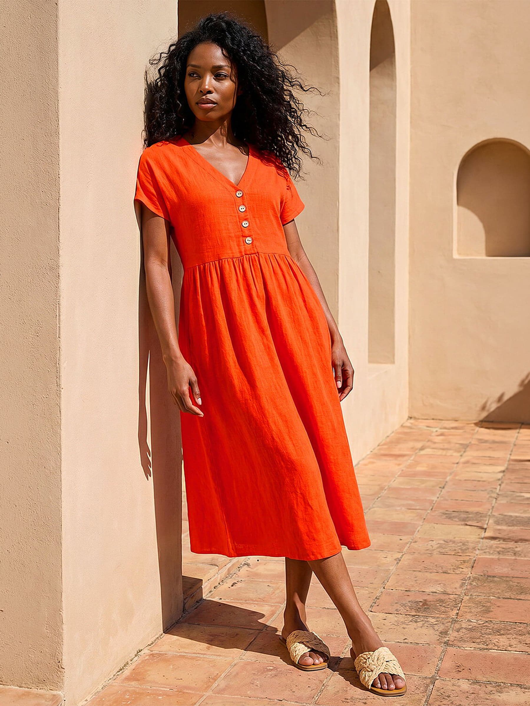 Roman Women's Orange Linen Look Button Midi Dress Size 20 - Image 2