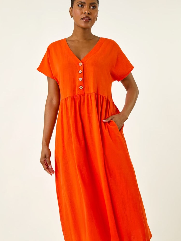 כתום - Roman שמלת מידי מכופתרת במראה פשתן - תמונה 1 מתוך 5