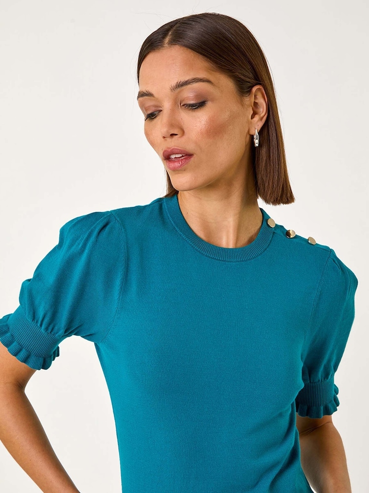 Roman Blue Puff Sleeve Button Detail Knit Top - Image 1 of 5 Roman Blue Puff Sleeve Button Detail Knit Top - Image 1 of 5