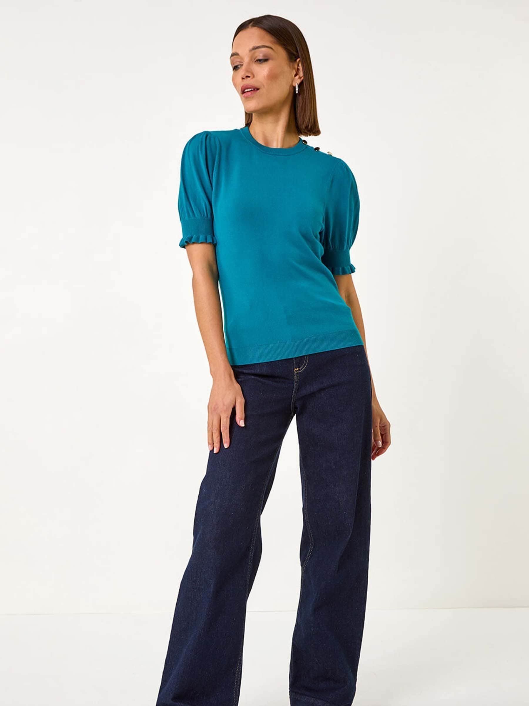Buy Roman Blue Puff Sleeve Button Detail Knit Top from Next USA