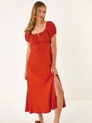 Roman Orange Puff Sleeve Linen Mix Midi Dress - Image 1 of 3