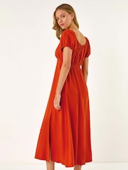 Roman Orange Puff Sleeve Linen Mix Midi Dress - Image 2 of 3