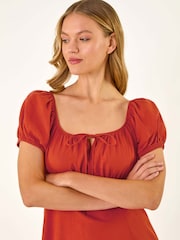 Roman Orange Puff Sleeve Linen Mix Midi Dress - Image 3 of 3