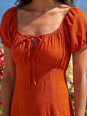 Roman Orange Puff Sleeve Linen Mix Midi Dress - Image 4 of 4