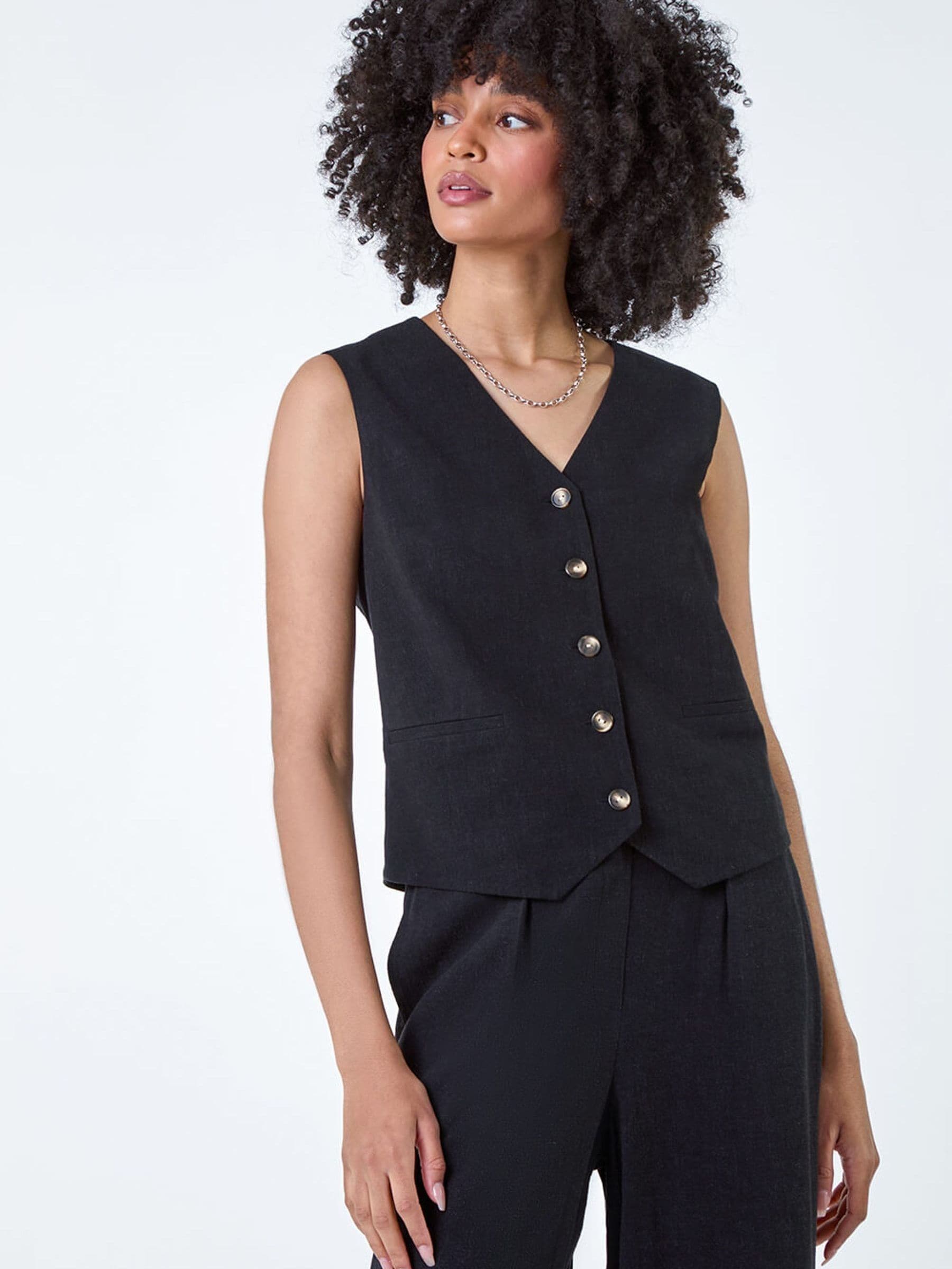 Roman Originals Linen Blend Button Through Waistcoat for Women UK - Ladies Everyday Holiday Spring Summer Notch Neckline Comfy Soft Evening Vacation Work Party - Image 3
