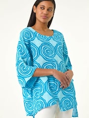 Roman Blue Spiral Print Asymmetric Tunic Top - Image 1 of 5