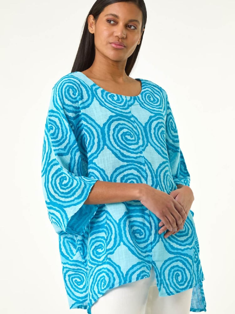 Roman Blue Spiral Print Asymmetric Tunic Top - Image 1 of 5 Roman Blue Spiral Print Asymmetric Tunic Top - Image 1 of 5