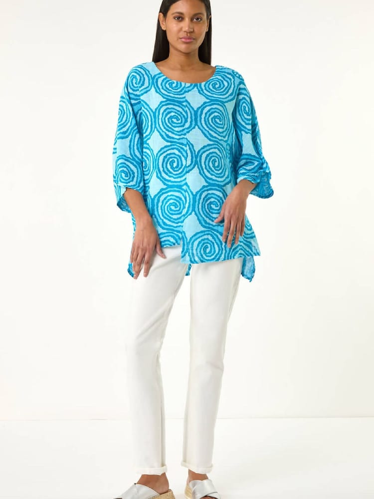 Roman Blue Spiral Print Asymmetric Tunic Top - Image 2 of 5 Roman Blue Spiral Print Asymmetric Tunic Top - Image 2 of 5