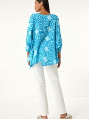 Roman Blue Spiral Print Asymmetric Tunic Top - Image 3 of 5