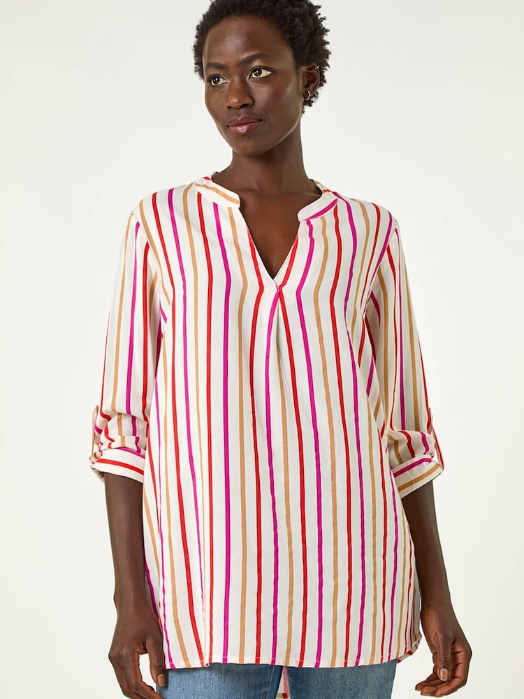 Roman Pink Vertical Stripe Pleat Detail Top - Image 1 of 5 Roman Pink Vertical Stripe Pleat Detail Top - Image 1 of 5