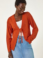 Roman Orange Textured Tie Front Knit Cardigan - Image 1 of 5