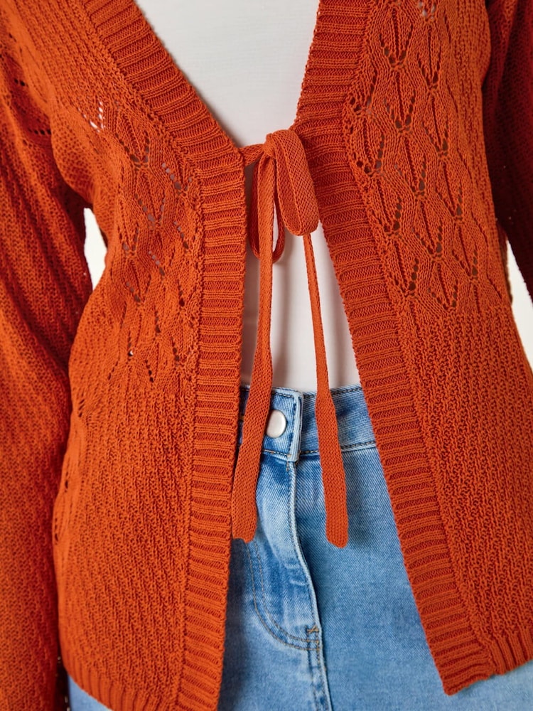 Roman Orange Textured Tie Front Knit Cardigan - Image 5 of 5