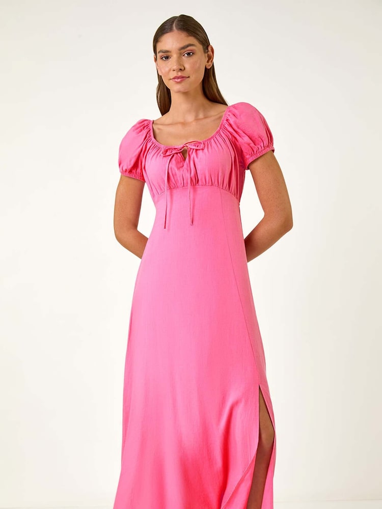 Roman Pink Puff Sleeve Linen Mix Midi Dress - Image 2 of 5 Roman Pink Puff Sleeve Linen Mix Midi Dress - Image 2 of 5