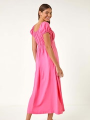 Roman Pink Puff Sleeve Linen Mix Midi Dress - Image 3 of 5