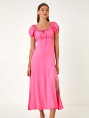 Roman Pink Puff Sleeve Linen Mix Midi Dress - Image 4 of 5