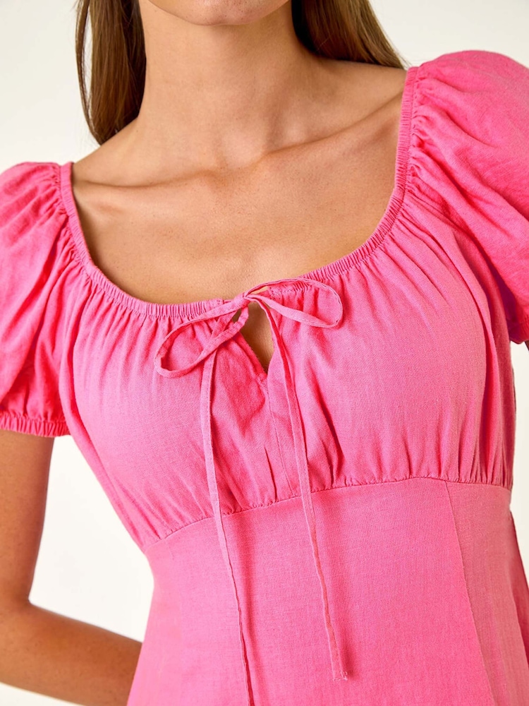 Roman Pink Puff Sleeve Linen Mix Midi Dress - Image 5 of 5 Roman Pink Puff Sleeve Linen Mix Midi Dress - Image 5 of 5