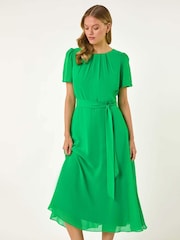 Roman Green Pleated Chiffon Midi Dress - Image 1 of 5