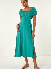 Roman Green Puff Sleeve Linen Mix Midi Dress - Image 1 of 5