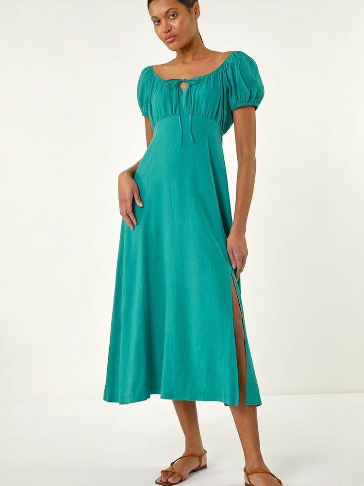 Roman Green Puff Sleeve Linen Mix Midi Dress - Image 1 of 5