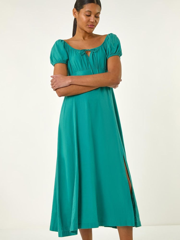 Roman Green Puff Sleeve Linen Mix Midi Dress - Image 2 of 5