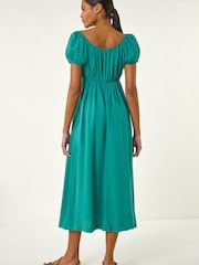 Roman Green Puff Sleeve Linen Mix Midi Dress - Image 3 of 5