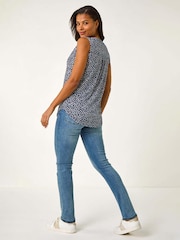 Roman Blue Textured Leaf Print V-Neck Stretch Top - Image 2 of 4