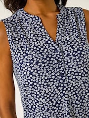 Roman Blue Textured Leaf Print V-Neck Stretch Top - Image 4 of 4