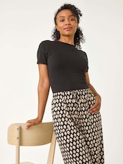 Roman Black Petite Geo Print Wide Leg Stretch Trousers - Image 1 of 4