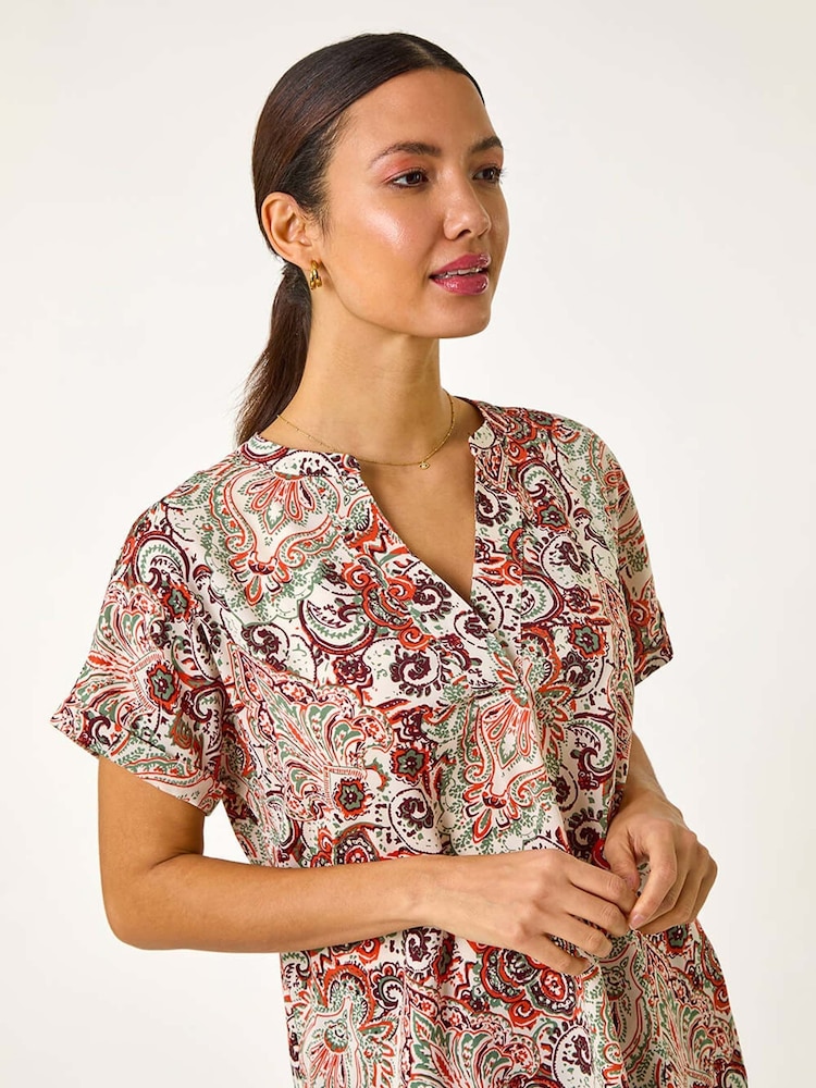 Roman Orange Paisley Print V-Neck Top - Image 4 of 4 Roman Orange Paisley Print V-Neck Top - Image 4 of 4