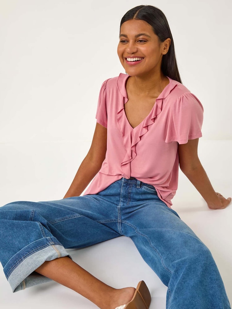 Roman Pink Ruffle Front Stretch Top - Image 1 of 4