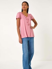 Roman Pink Ruffle Front Stretch Top - Image 3 of 4