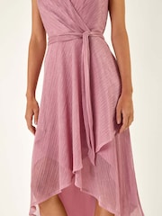 Roman Pink Shimmer Plisse Wrap Front Midi Dress - Image 6 of 6