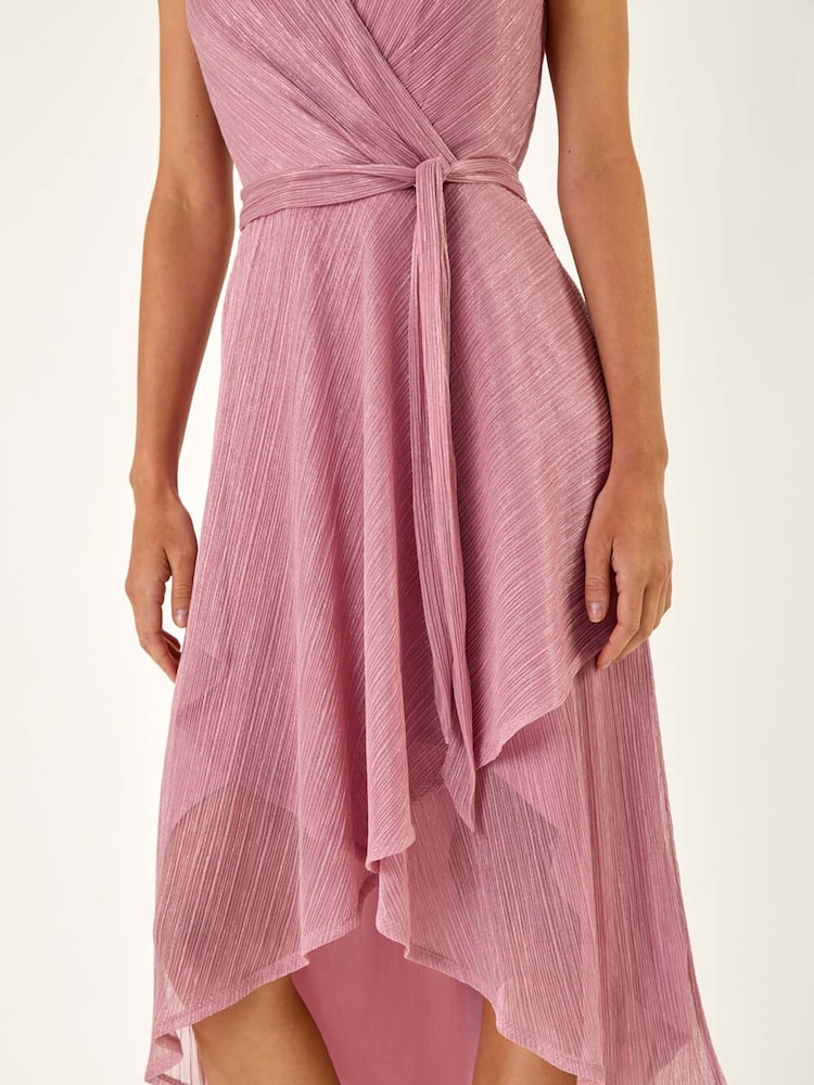 Roman Pink Shimmer Plisse Wrap Front Midi Dress - Image 6 of 6 Roman Pink Shimmer Plisse Wrap Front Midi Dress - Image 6 of 6