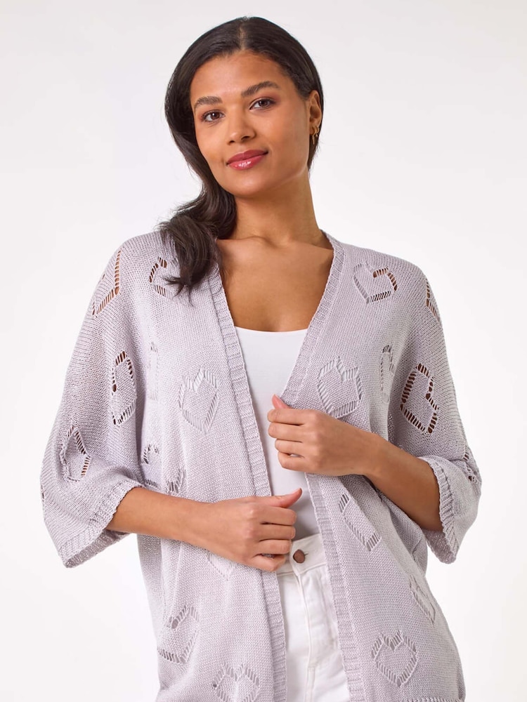 Roman Grey Pointelle Heart Knit Cardigan - Image 1 of 5