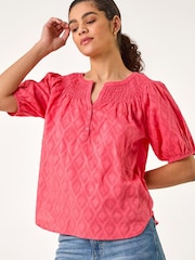 Roman Red Shirred Neck Textured Top - Image 1 of 5