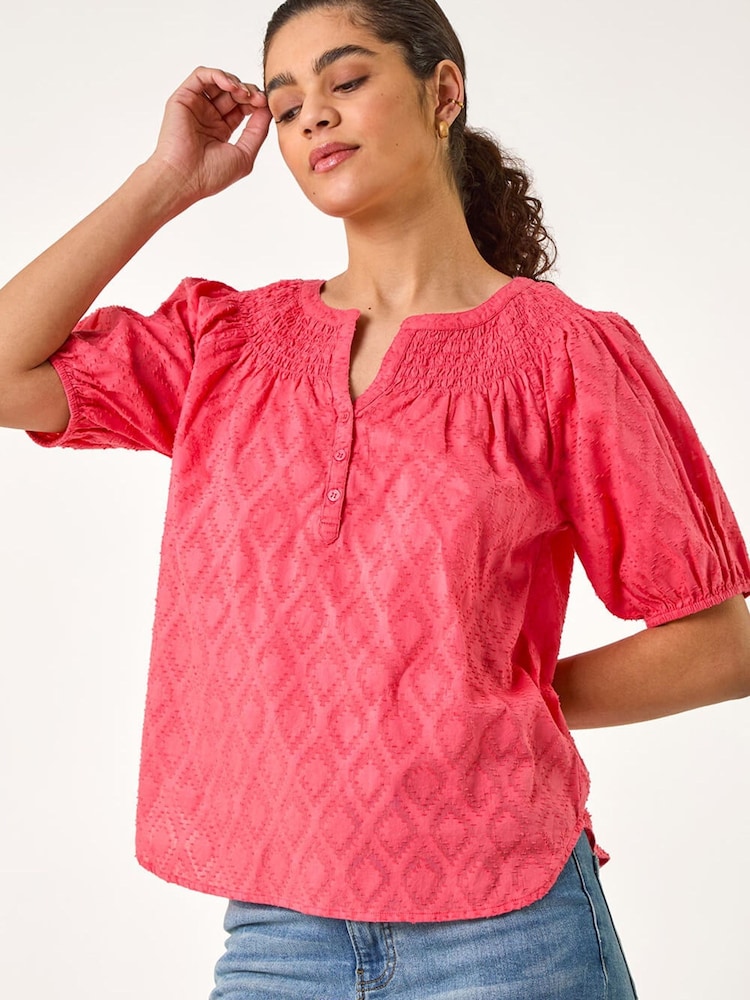 Roman Red Shirred Neck Textured Top - Image 1 of 5
