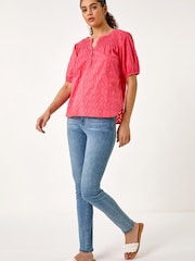 Roman Red Shirred Neck Textured Top - Image 2 of 5