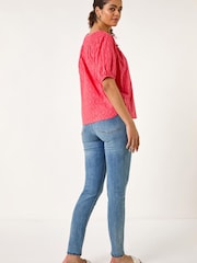 Roman Red Shirred Neck Textured Top - Image 3 of 5
