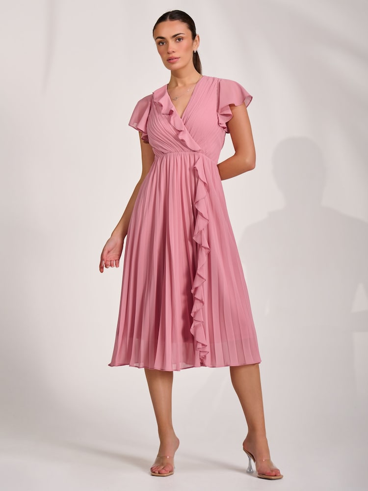Jolie Moi Pink Ruffle Pleated Chiffon Midi Dress - Image 1 of 6