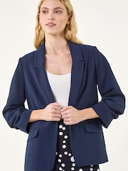Roman Blue Ruched 3/4 Sleeve Blazer Jacket - Image 4 of 5