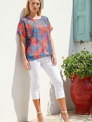 Roman Orange Leaf Print Mesh Overlay Top - Image 1 of 5