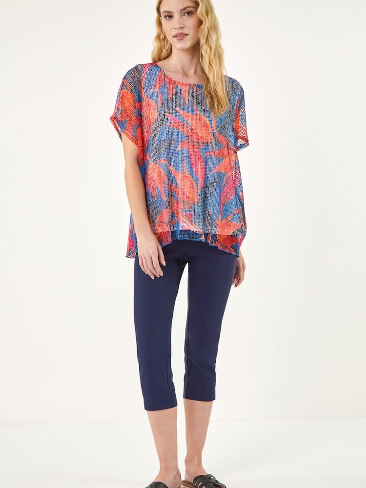 Roman Orange Leaf Print Mesh Overlay Top - Image 2 of 5