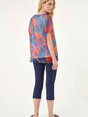 Roman Orange Leaf Print Mesh Overlay Top - Image 3 of 5