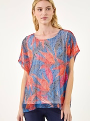 Roman Orange Leaf Print Mesh Overlay Top - Image 4 of 5