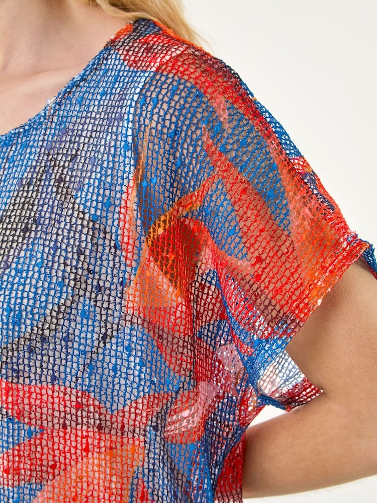 Roman Orange Leaf Print Mesh Overlay Top - Image 5 of 5