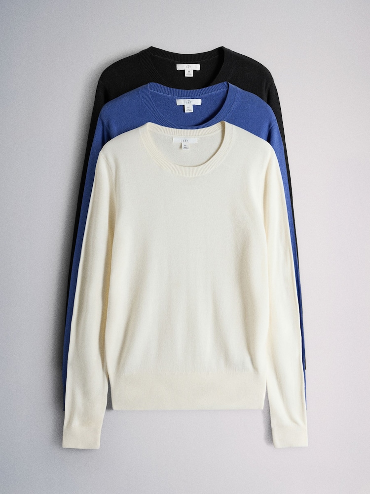 The Set 3 Pack Soft Knit Crew Neck Long Sleeve Jumpers Antique White/Nouvean Navy/Black - Image 2 of 10 The Set 3 Pack Soft Knit Crew Neck Long Sleeve Jumpers Antique White/Nouvean Navy/Black - Image 2 of 10