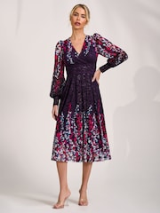 Jolie Moi Purple Long Sleeve Printed Lace Midi Dress - Image 1 of 6