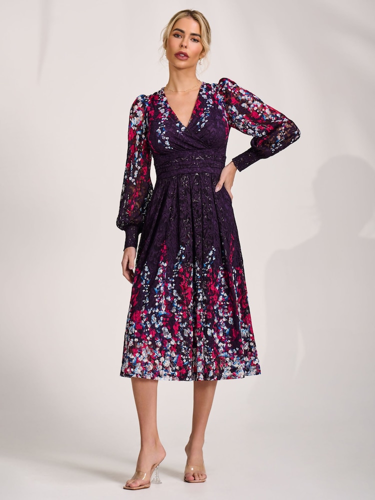 Jolie Moi Purple Long Sleeve Printed Lace Midi Dress - Image 1 of 6
